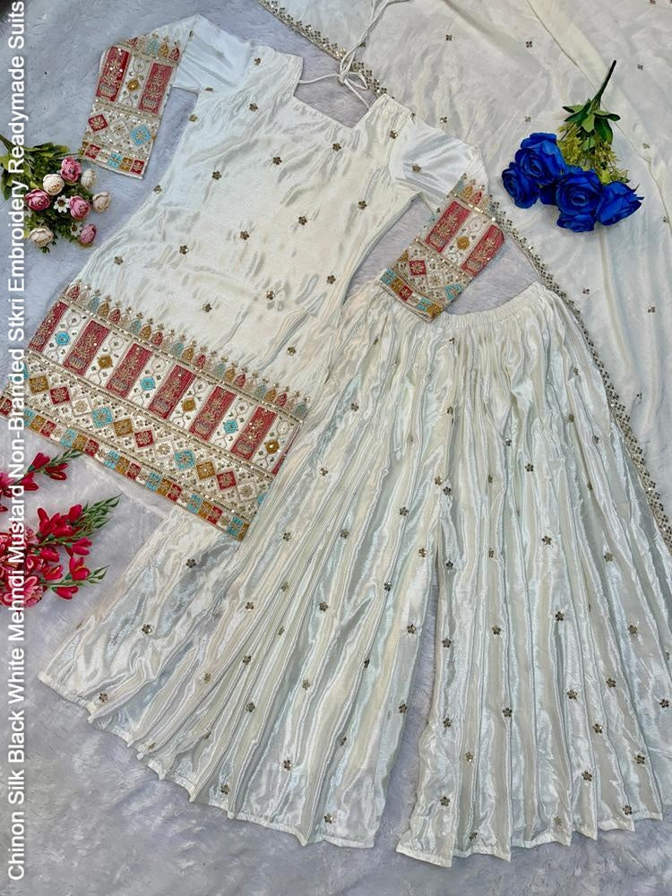 Chinon Silk Black White Mehndi Mustard Non-Branded Stkri Embroidery Readymade Suits