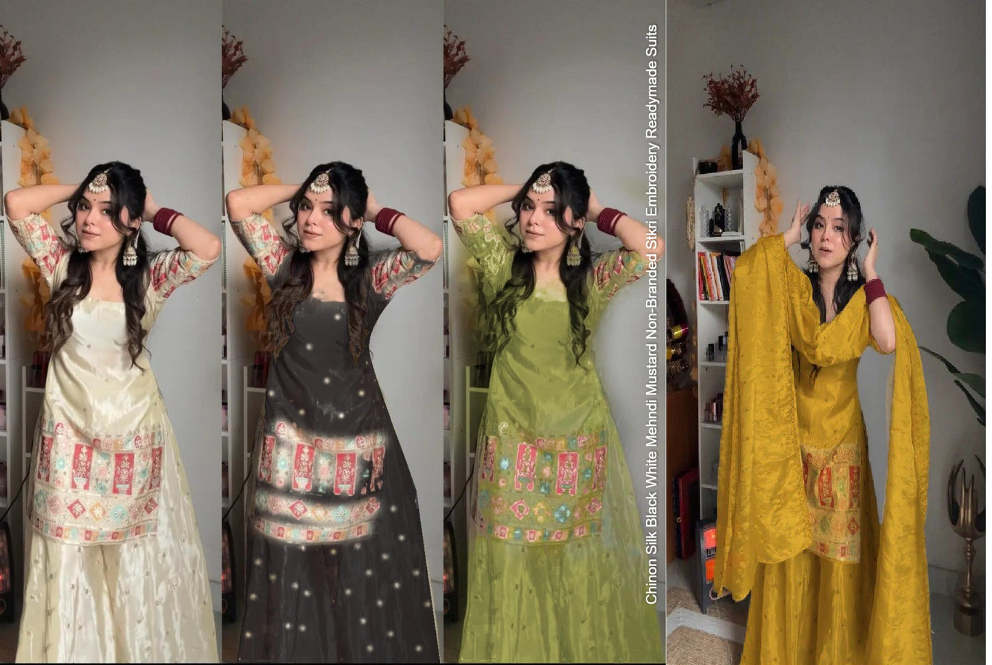 Chinon Silk Black White Mehndi Mustard Non-Branded Stkri Embroidery Readymade Suits