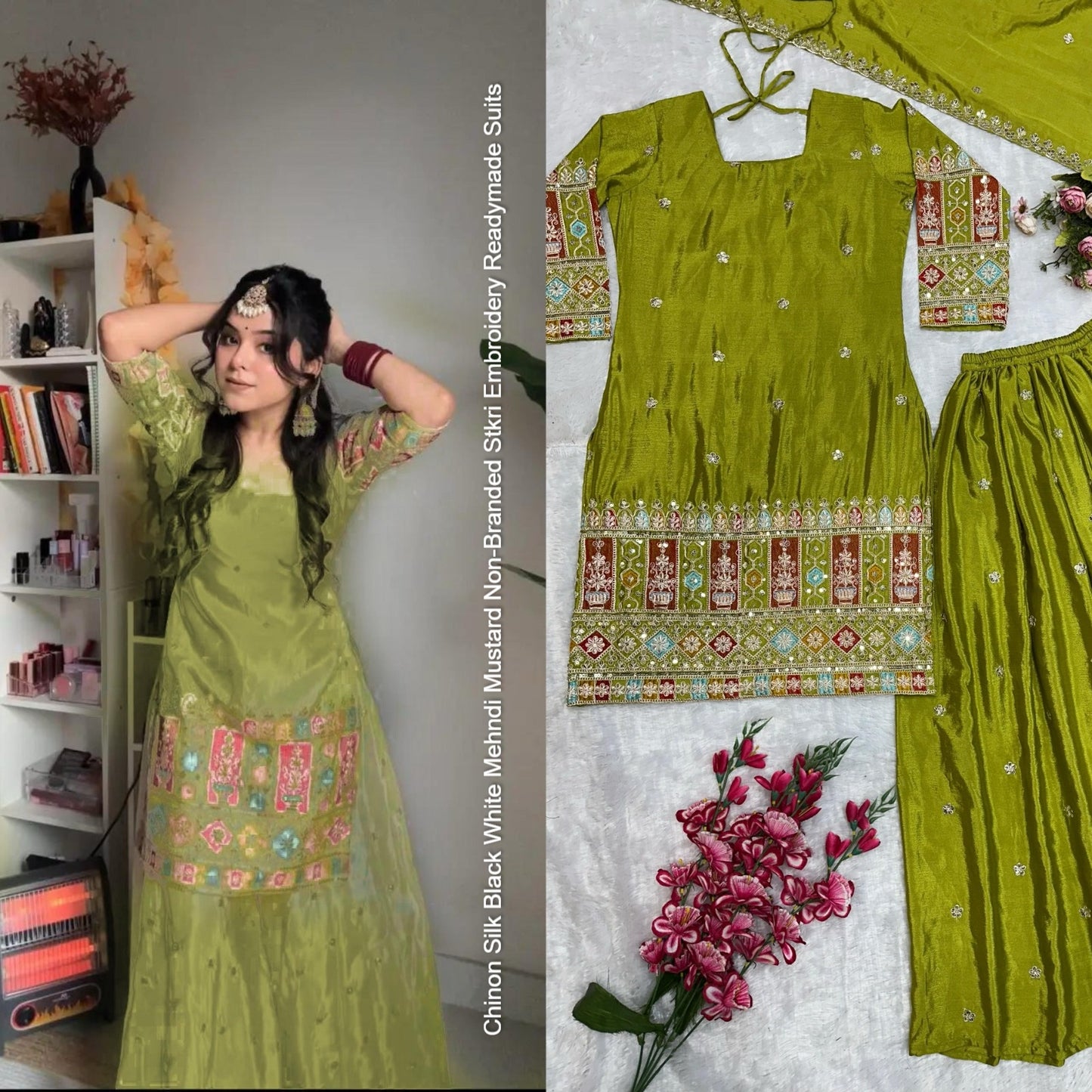 Chinon Silk Black White Mehndi Mustard Non-Branded Stkri Embroidery Readymade Suits