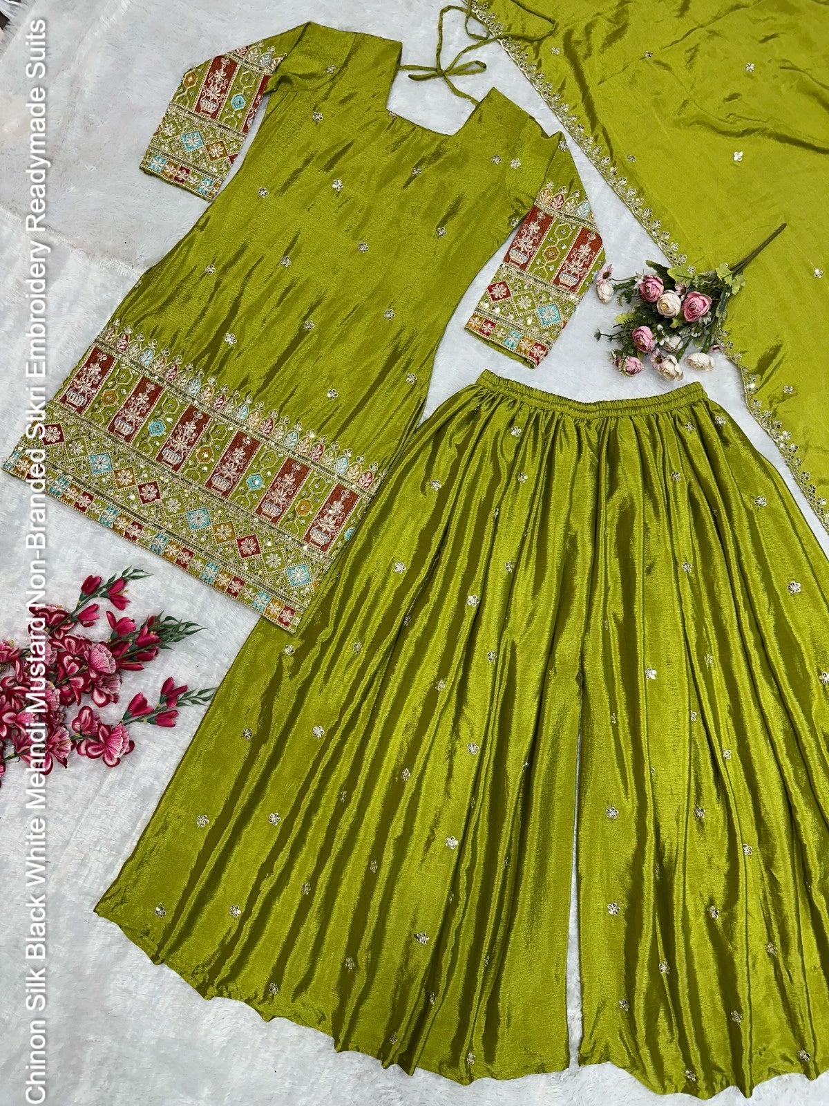 Chinon Silk Black White Mehndi Mustard Non-Branded Stkri Embroidery Readymade Suits