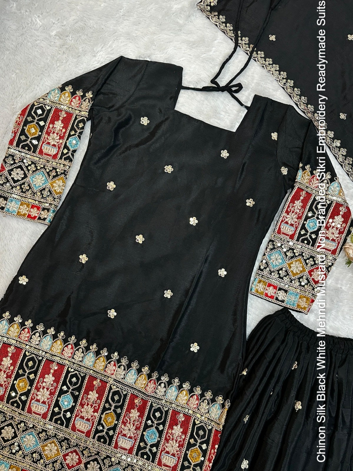 Chinon Silk Black White Mehndi Mustard Non-Branded Stkri Embroidery Readymade Suits