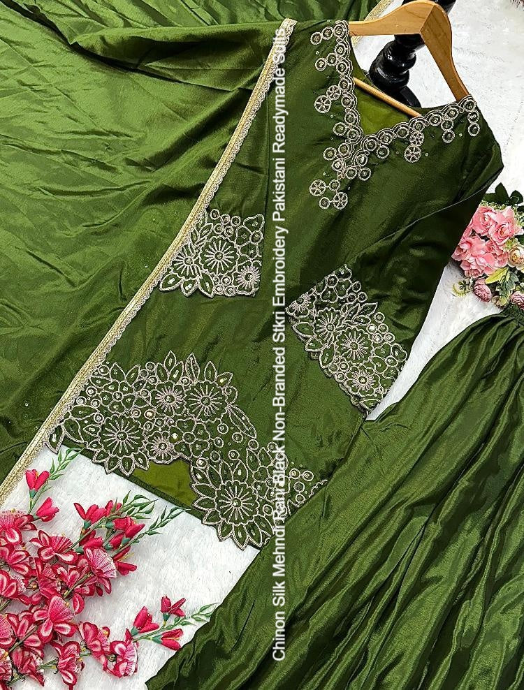 Chinon Silk Mehndi Rani Black Non-Branded Stkri Embroidery Pakistani Readymade Suits