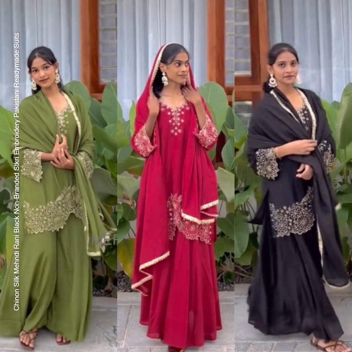 Chinon Silk Mehndi Rani Black Non-Branded Stkri Embroidery Pakistani Readymade Suits