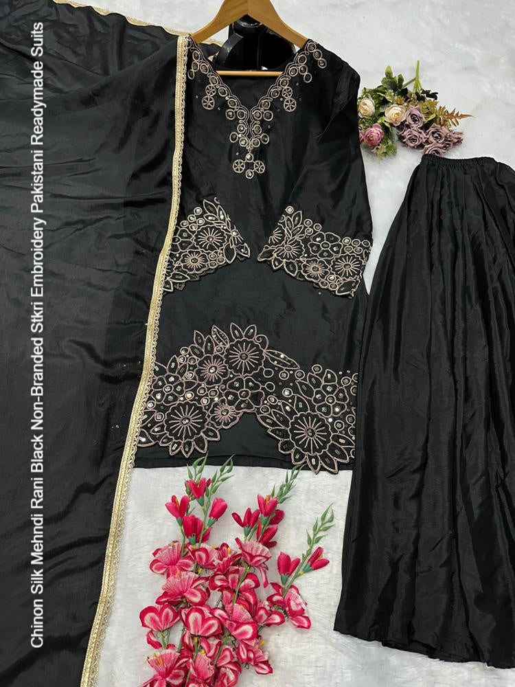 Chinon Silk Mehndi Rani Black Non-Branded Stkri Embroidery Pakistani Readymade Suits