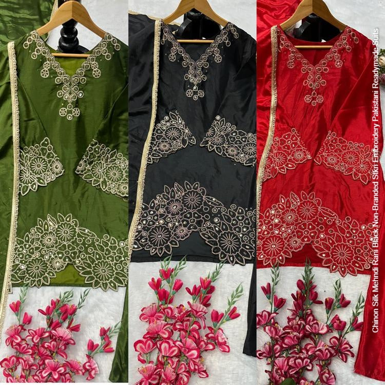 Chinon Silk Mehndi Rani Black Non-Branded Stkri Embroidery Pakistani Readymade Suits