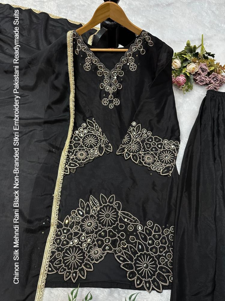 Chinon Silk Mehndi Rani Black Non-Branded Stkri Embroidery Pakistani Readymade Suits