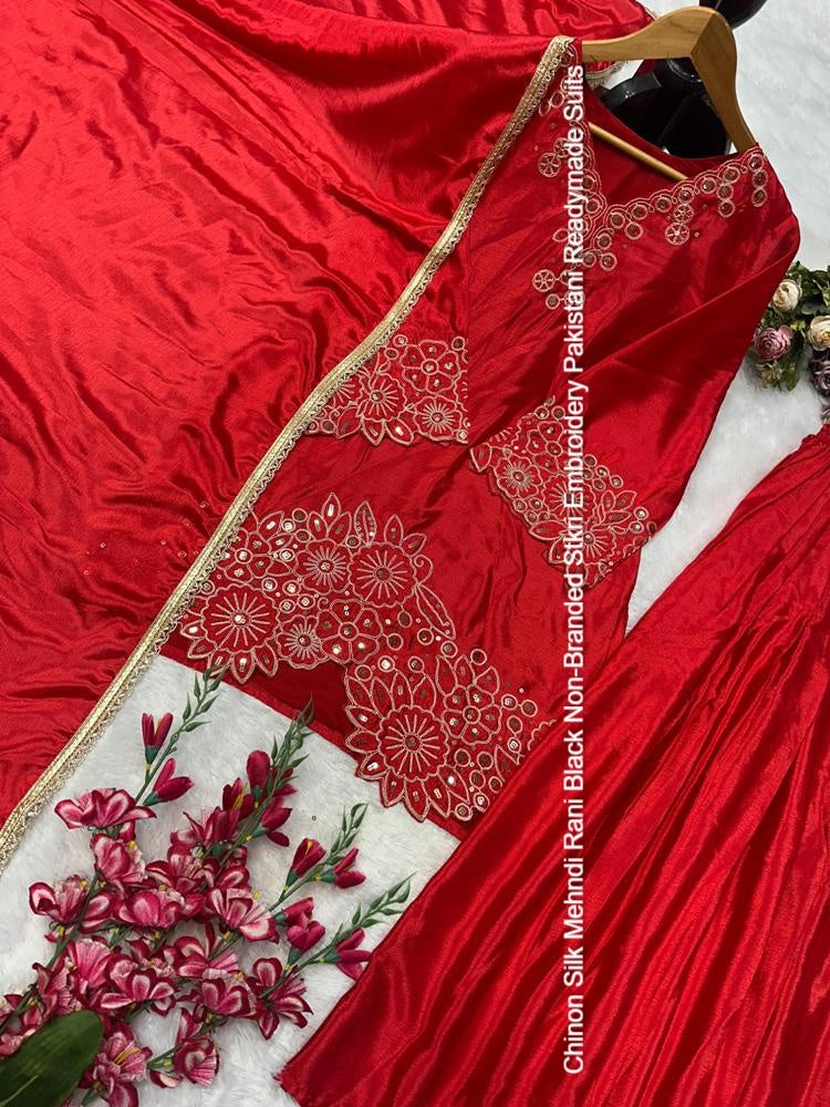 Chinon Silk Mehndi Rani Black Non-Branded Stkri Embroidery Pakistani Readymade Suits