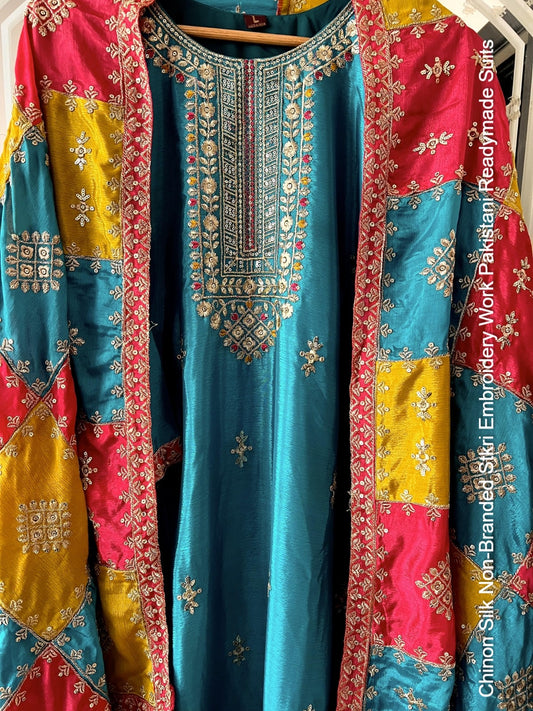 Chinon Silk Non-Branded Stkri Embroidery Work Pakistani Readymade Suits