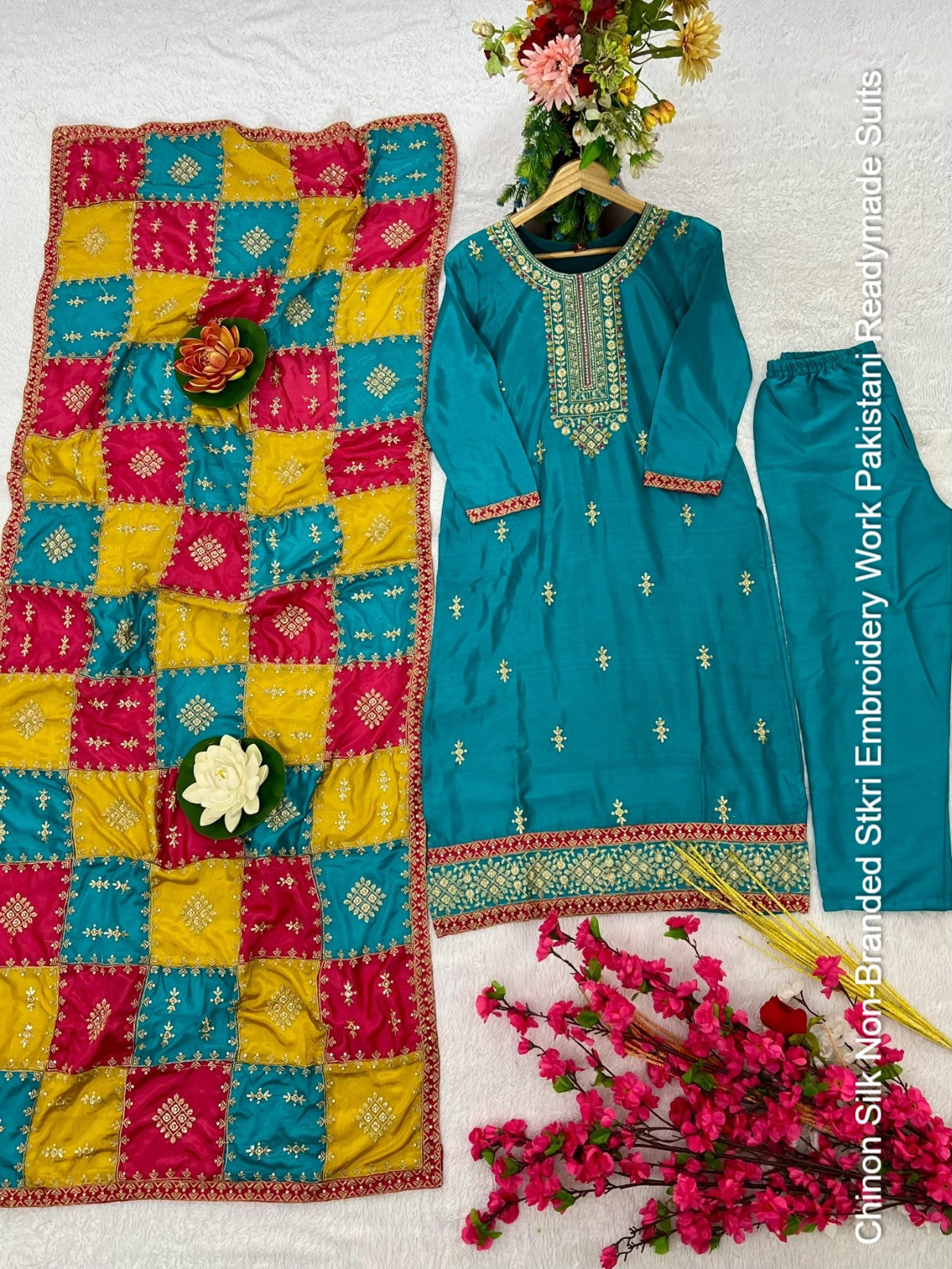 Chinon Silk Non-Branded Stkri Embroidery Work Pakistani Readymade Suits