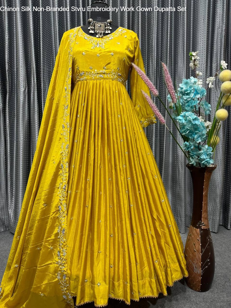 Chinon Silk Non-Branded Stvru Embroidery Work Gown Dupatta Set