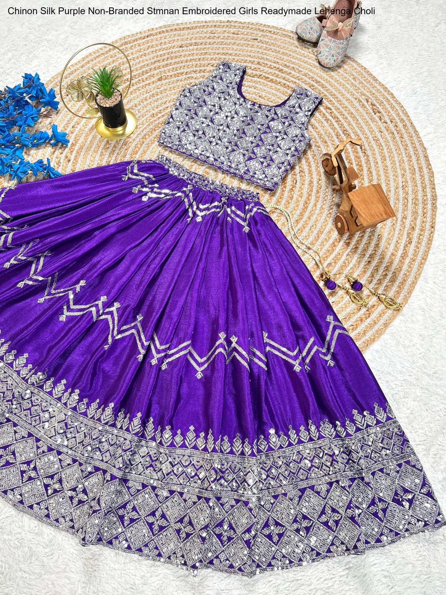 Chinon Silk Purple Non-Branded Stmnan Embroidered Girls Readymade Lehenga Choli