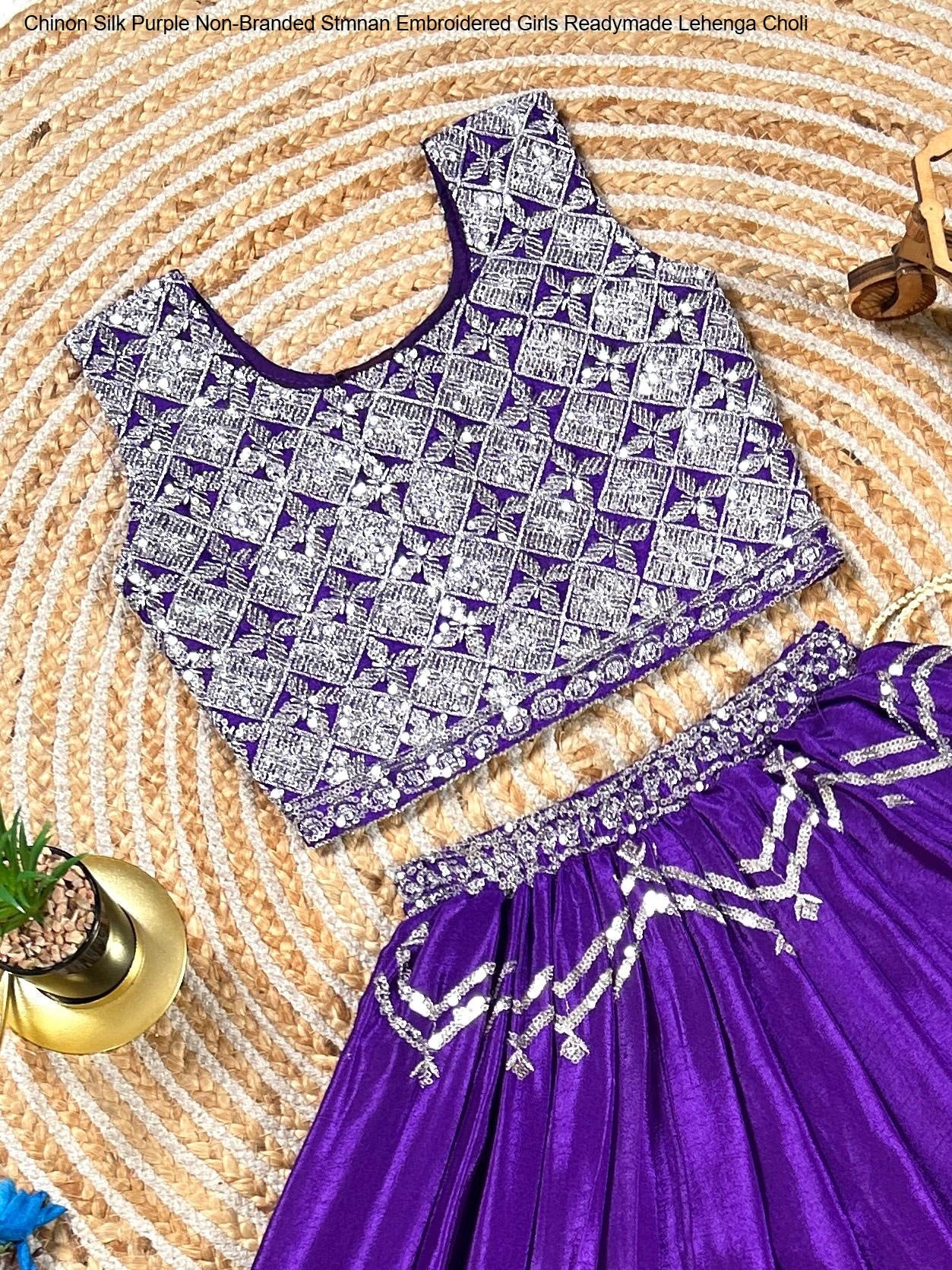 Chinon Silk Purple Non-Branded Stmnan Embroidered Girls Readymade Lehenga Choli
