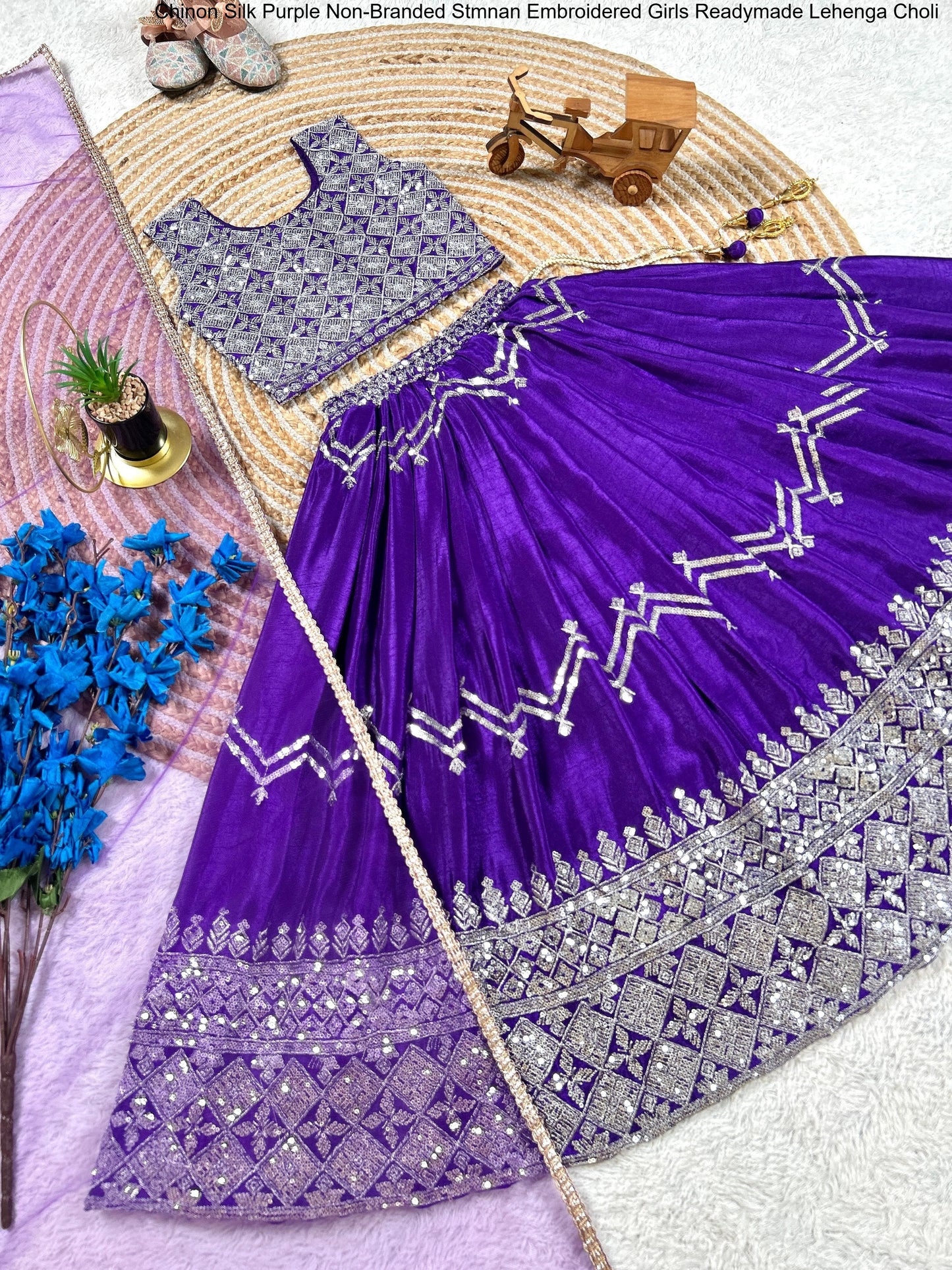 Chinon Silk Purple Non-Branded Stmnan Embroidered Girls Readymade Lehenga Choli