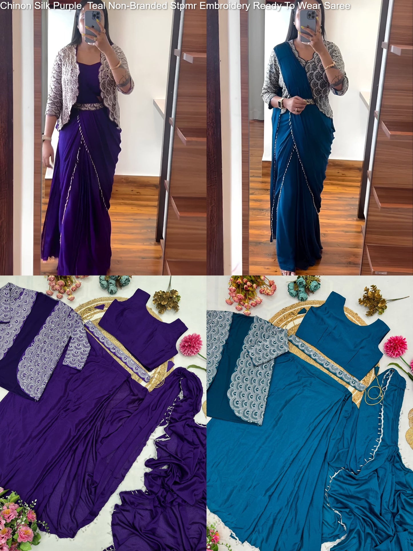 Chinon Silk Purple, Teal Non-Branded Stpmr Embroidery Ready To Wear Saree