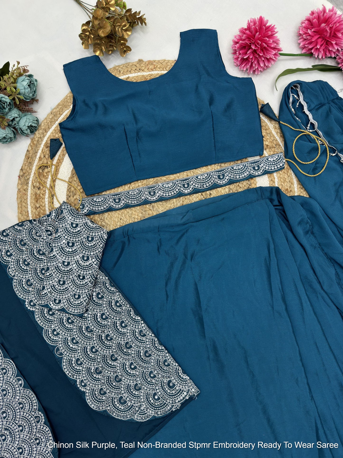 Chinon Silk Purple, Teal Non-Branded Stpmr Embroidery Ready To Wear Saree