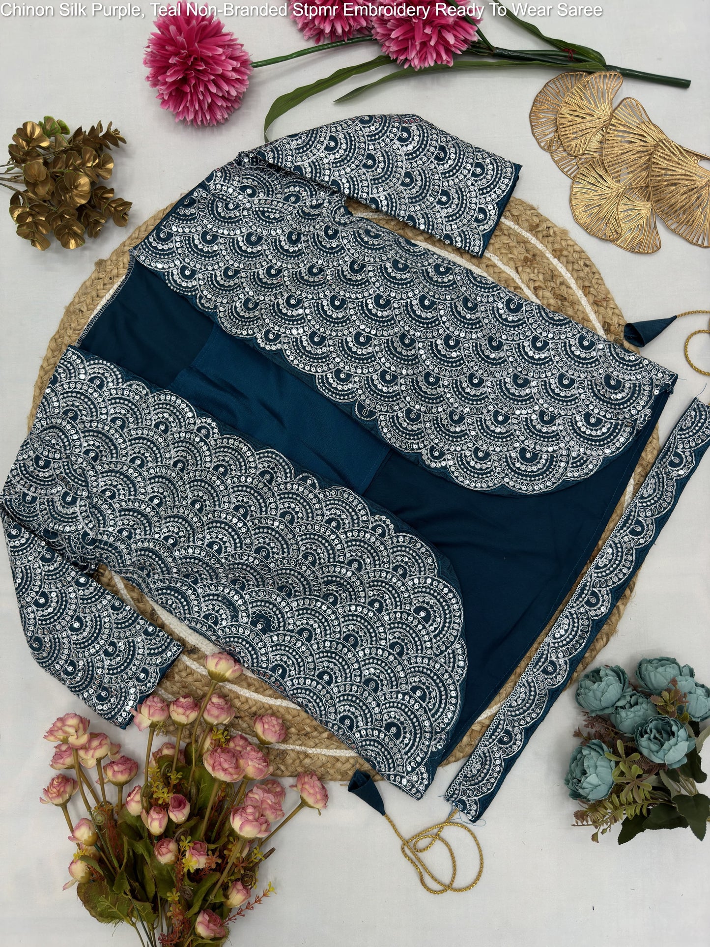 Chinon Silk Purple, Teal Non-Branded Stpmr Embroidery Ready To Wear Saree