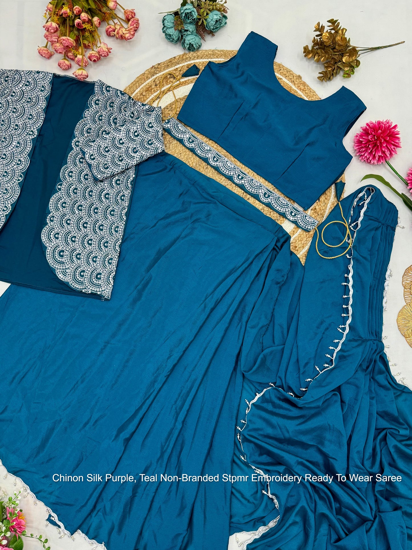 Chinon Silk Purple, Teal Non-Branded Stpmr Embroidery Ready To Wear Saree