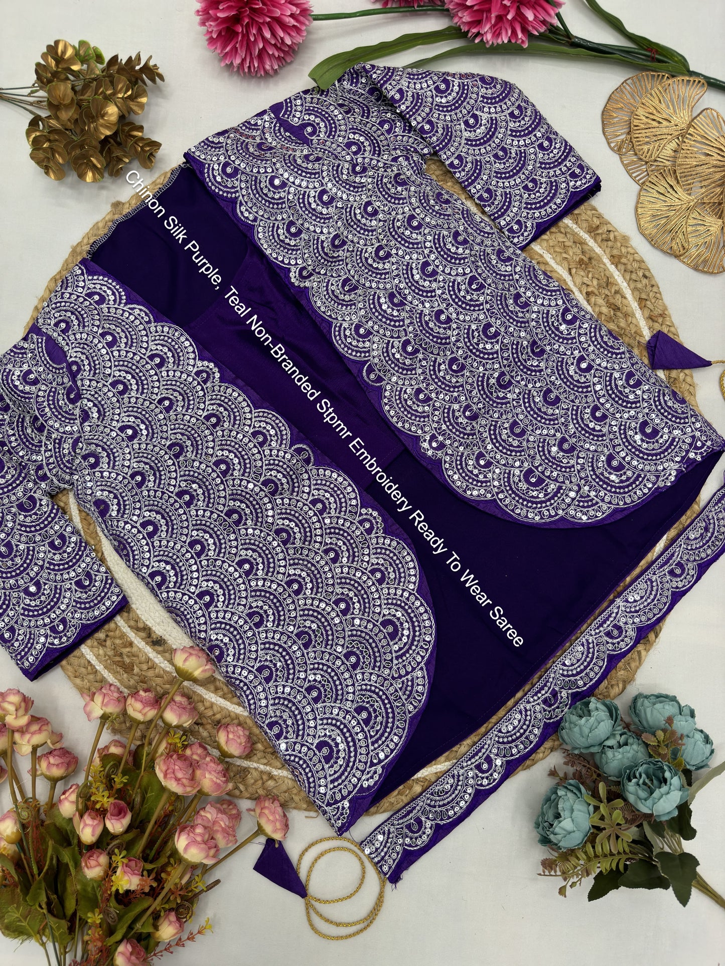 Chinon Silk Purple, Teal Non-Branded Stpmr Embroidery Ready To Wear Saree