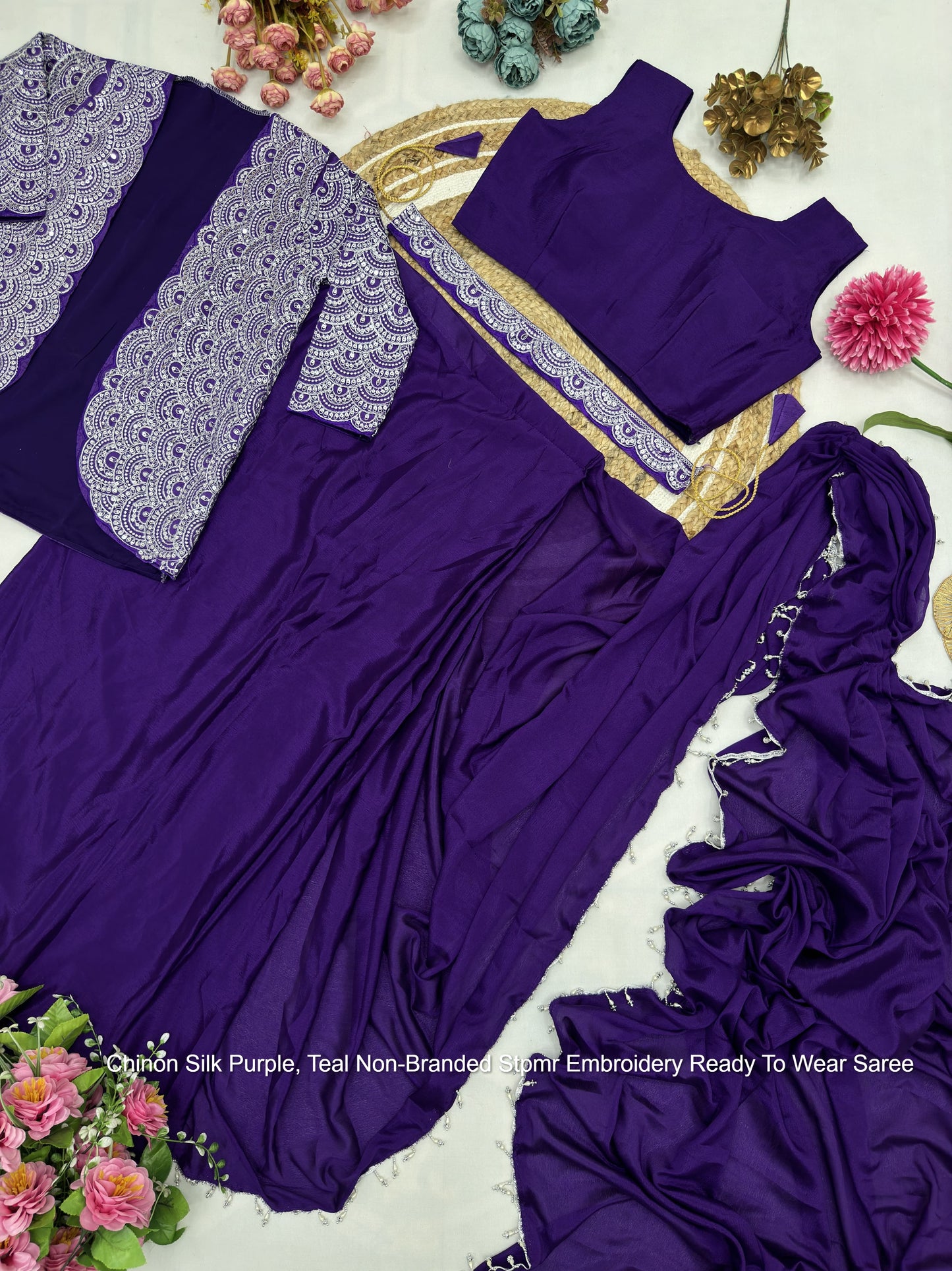 Chinon Silk Purple, Teal Non-Branded Stpmr Embroidery Ready To Wear Saree