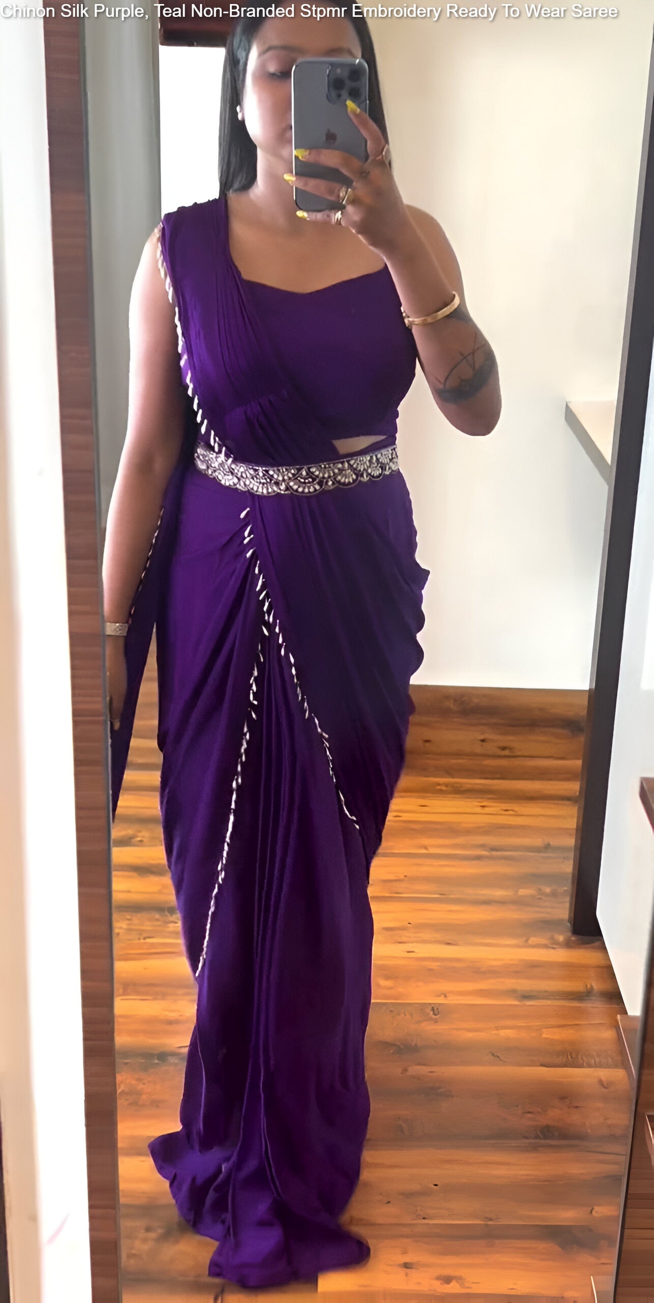 Chinon Silk Purple, Teal Non-Branded Stpmr Embroidery Ready To Wear Saree