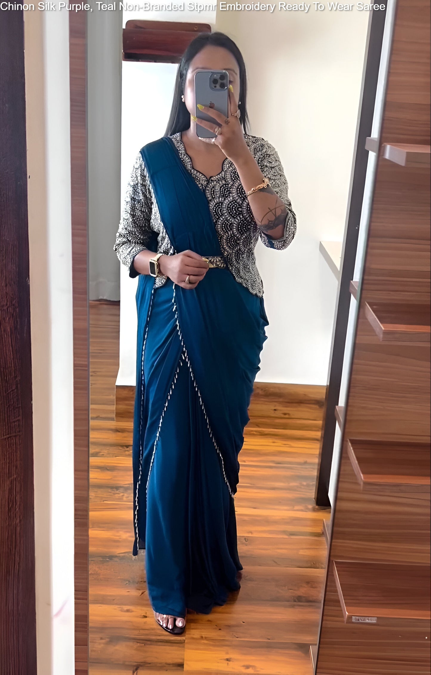 Chinon Silk Purple, Teal Non-Branded Stpmr Embroidery Ready To Wear Saree
