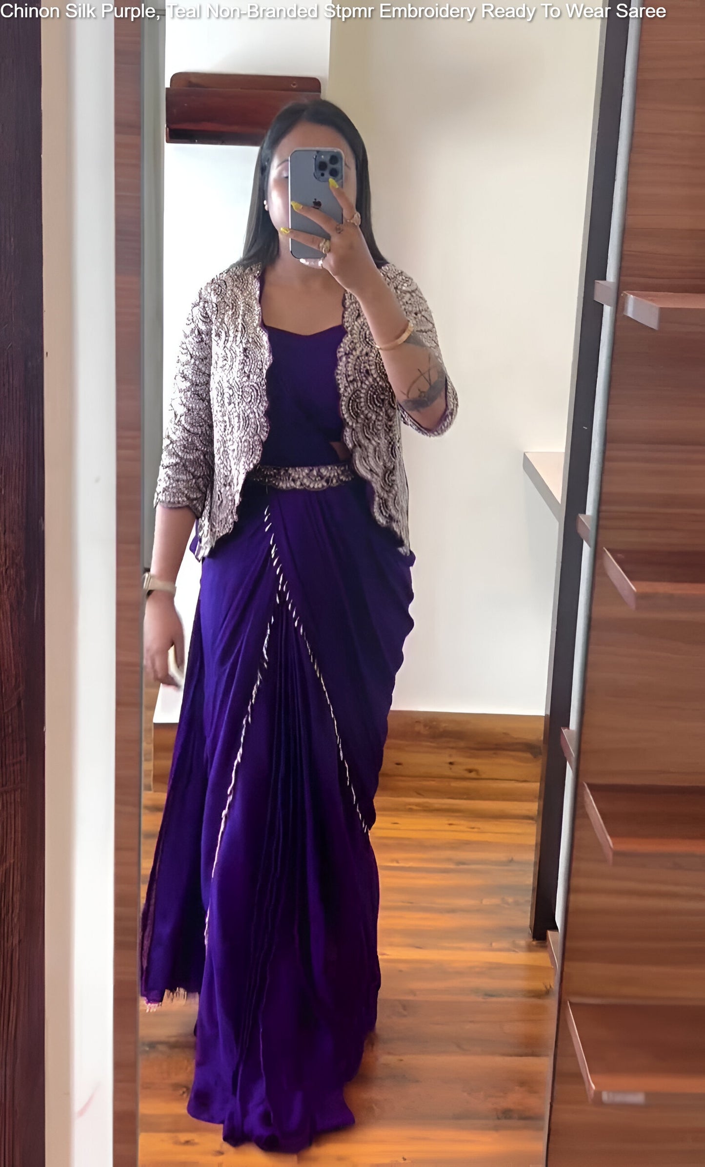 Chinon Silk Purple, Teal Non-Branded Stpmr Embroidery Ready To Wear Saree