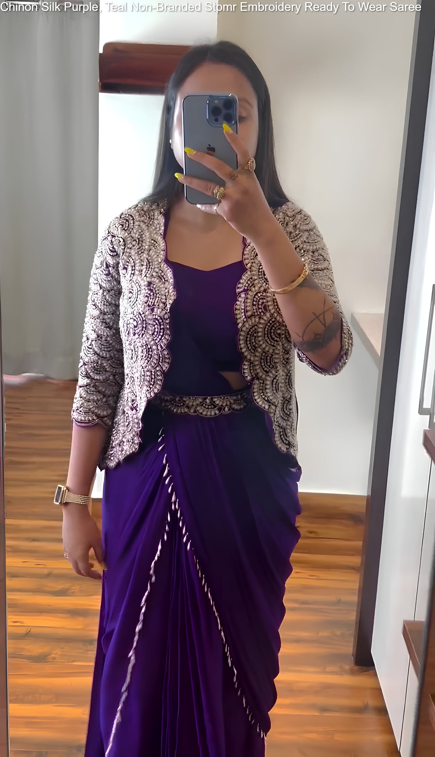 Chinon Silk Purple, Teal Non-Branded Stpmr Embroidery Ready To Wear Saree