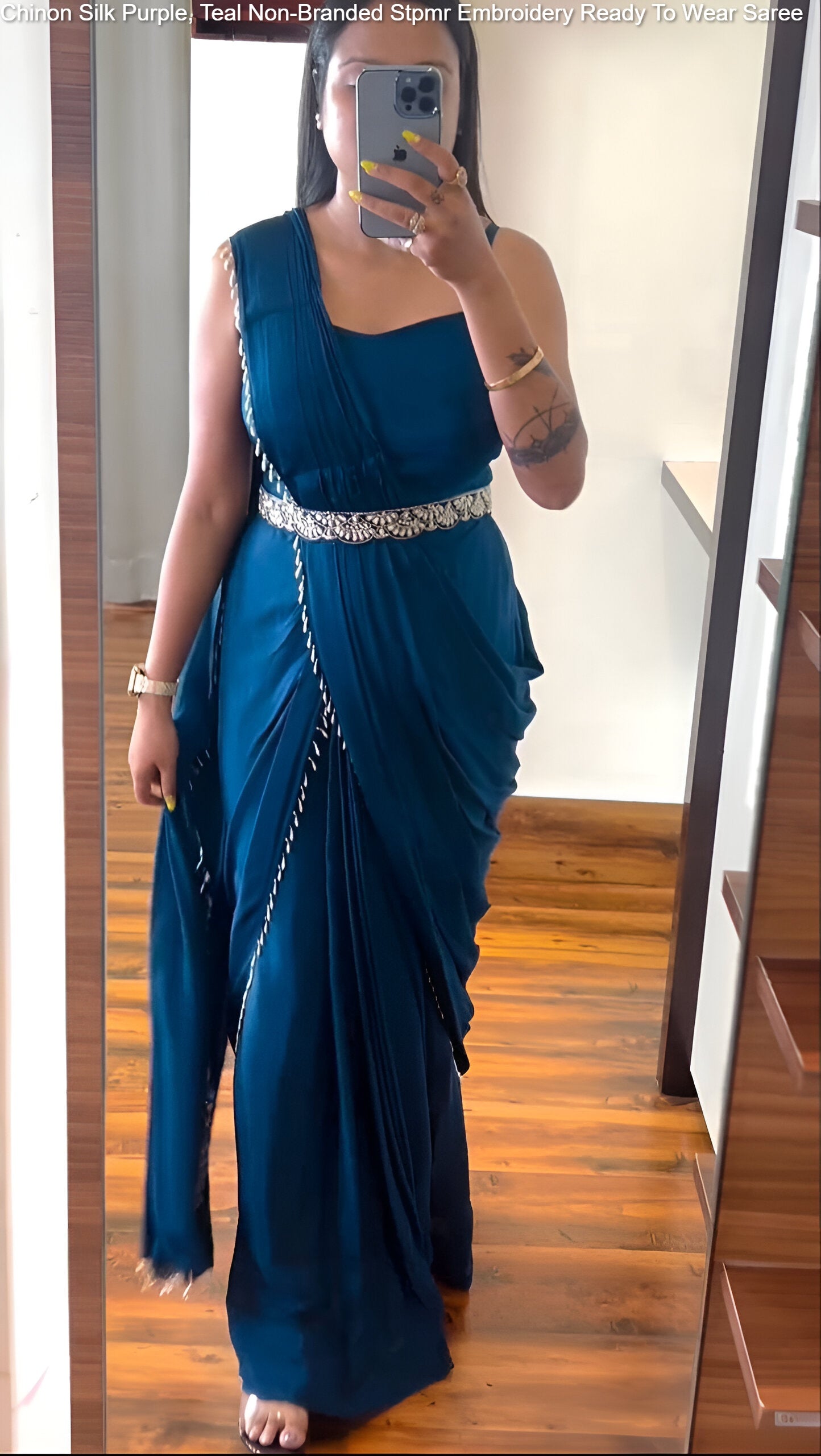 Chinon Silk Purple, Teal Non-Branded Stpmr Embroidery Ready To Wear Saree