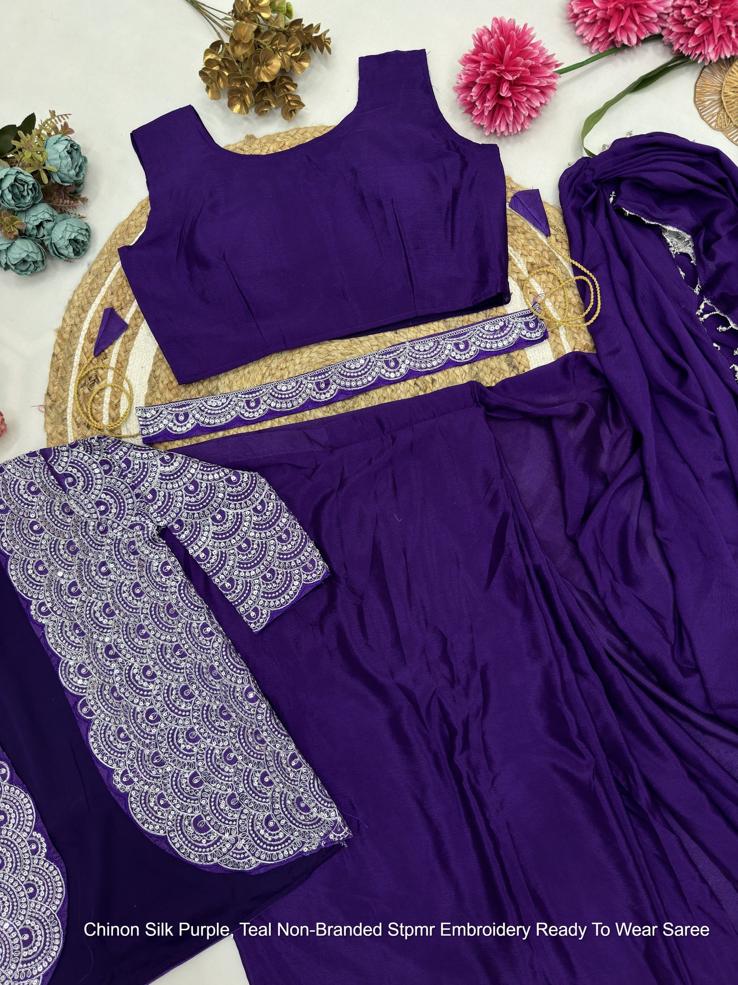 Chinon Silk Purple, Teal Non-Branded Stpmr Embroidery Ready To Wear Saree