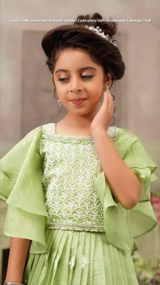 Chinon Sillk Green Non-Branded Stmnan Embroidery Girls Readymade Lehenga Choli