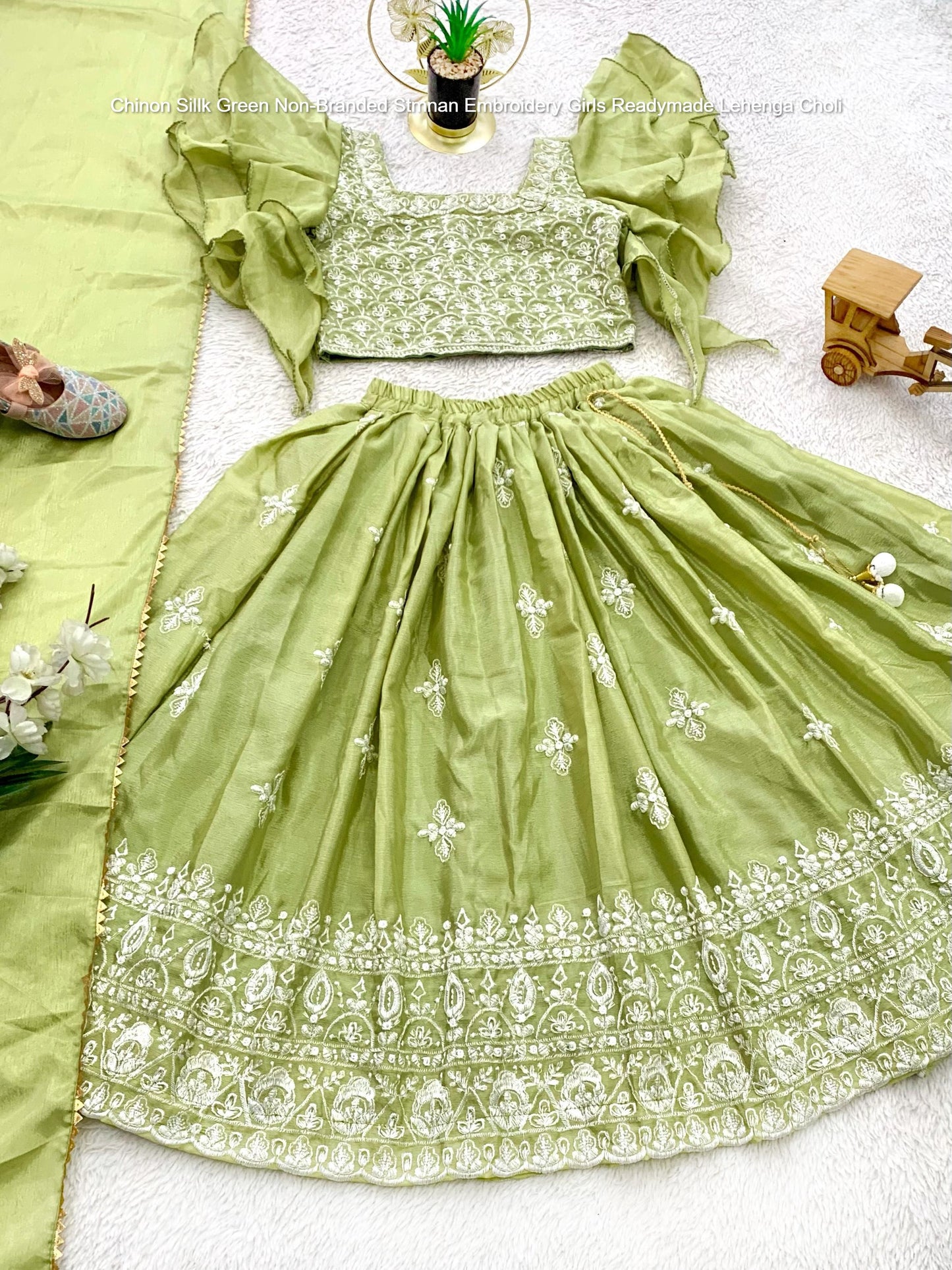 Chinon Sillk Green Non-Branded Stmnan Embroidery Girls Readymade Lehenga Choli