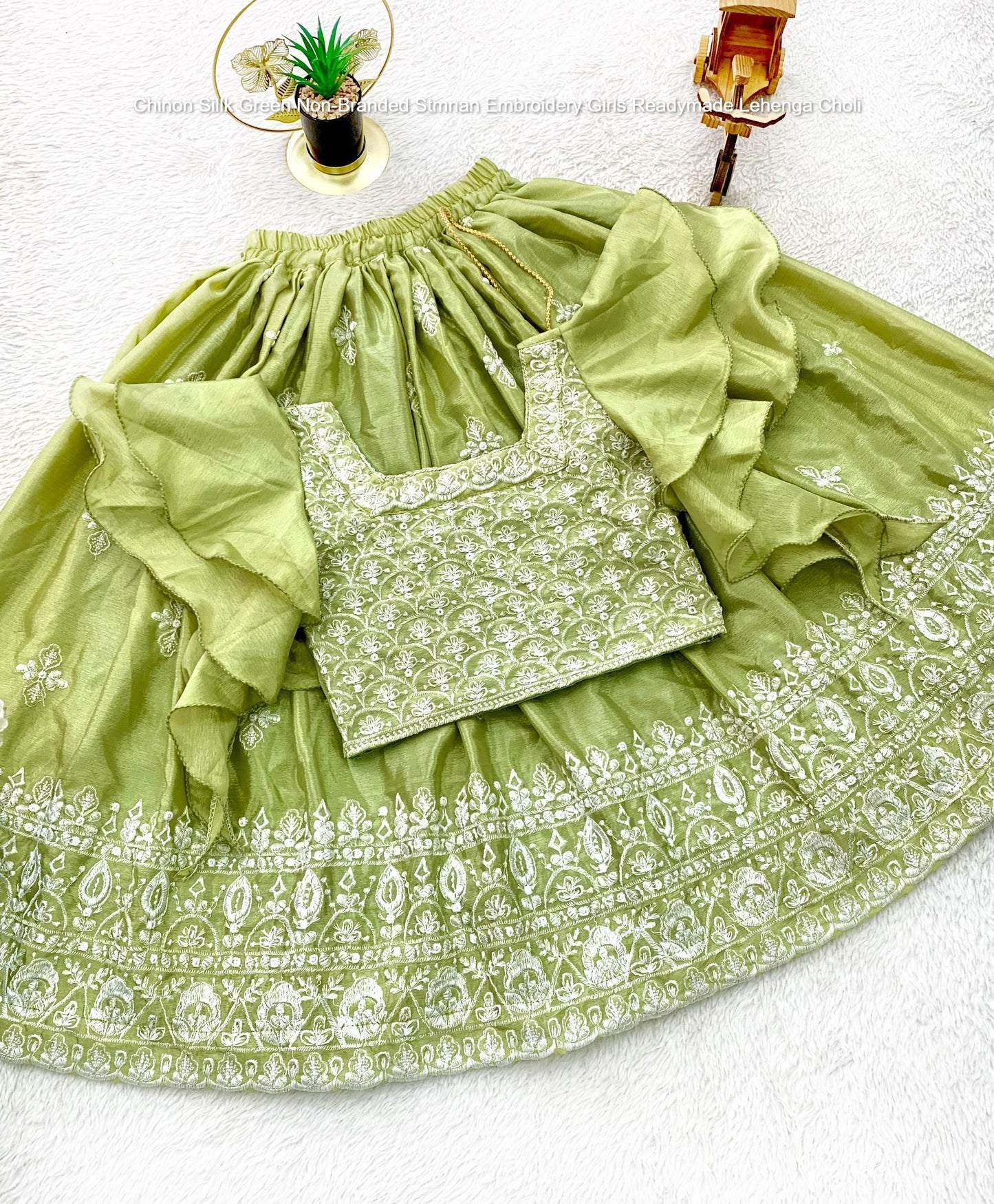 Chinon Sillk Green Non-Branded Stmnan Embroidery Girls Readymade Lehenga Choli