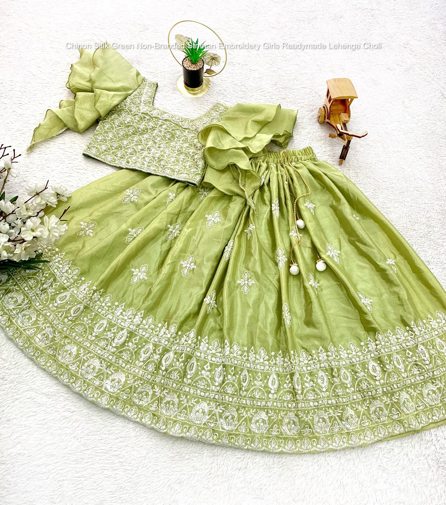 Chinon Sillk Green Non-Branded Stmnan Embroidery Girls Readymade Lehenga Choli