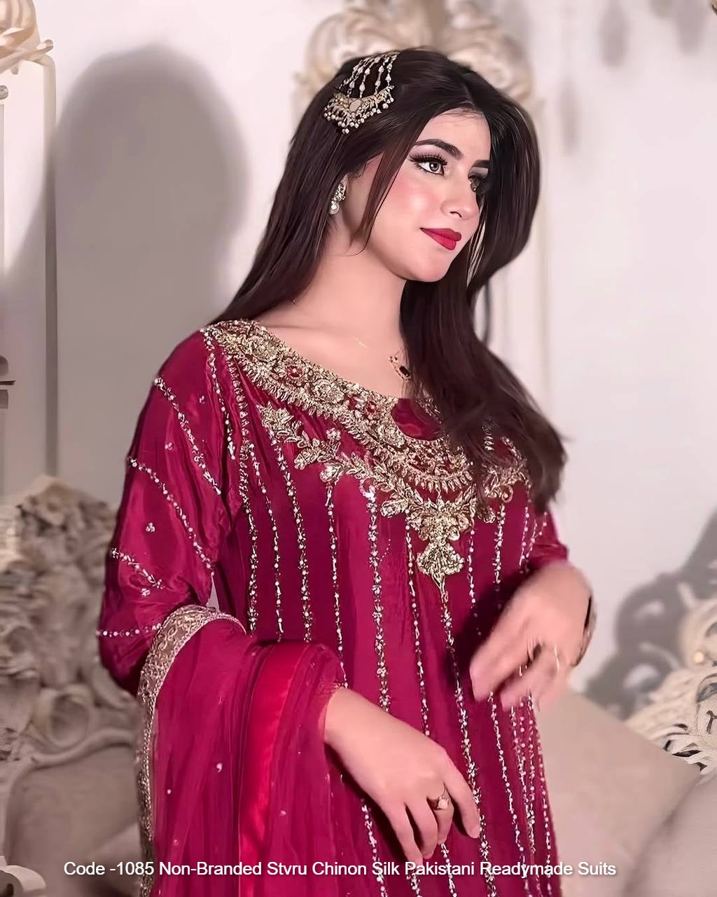Code -1085 Non-Branded Stvru Chinon Silk Pakistani Readymade Suits