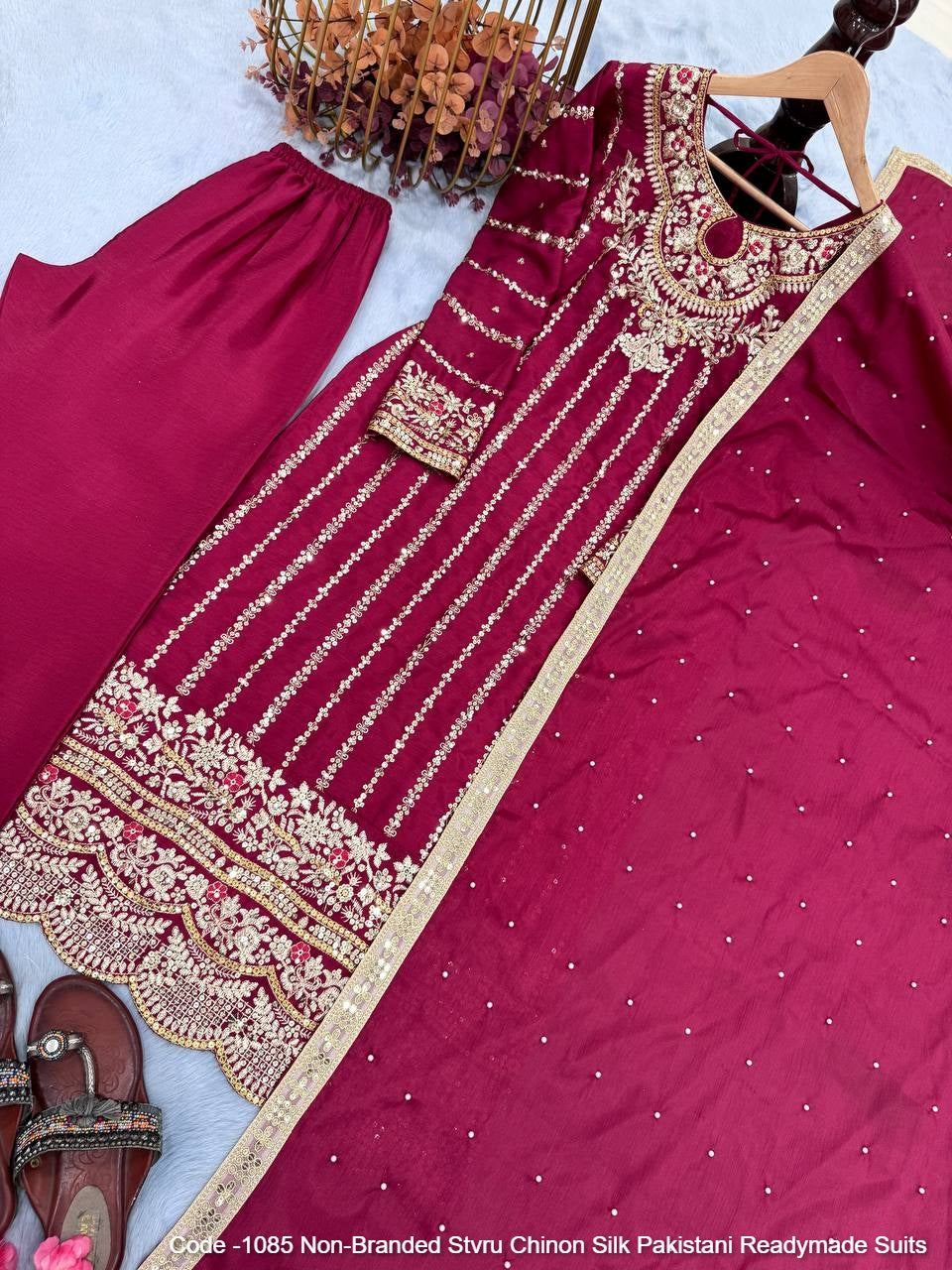 Code -1085 Non-Branded Stvru Chinon Silk Pakistani Readymade Suits
