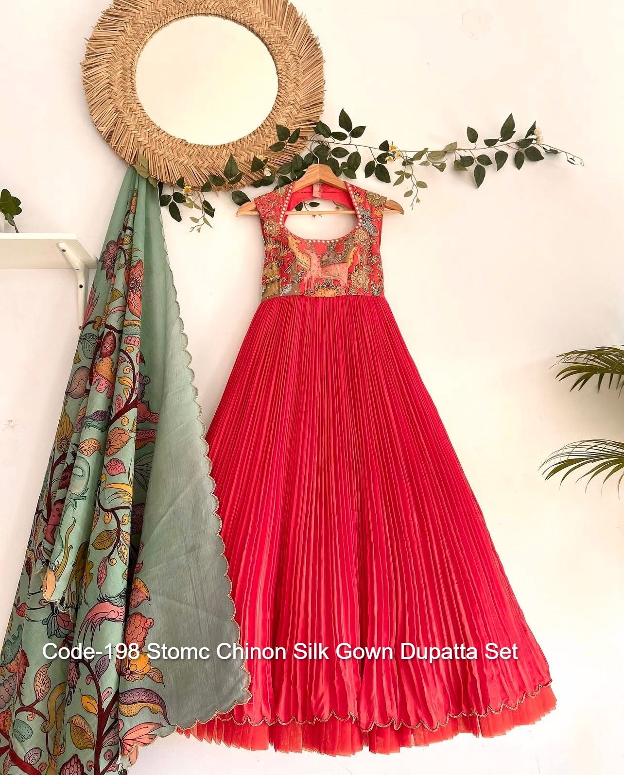 Code-198 Stomc Chinon Silk Gown Dupatta Set