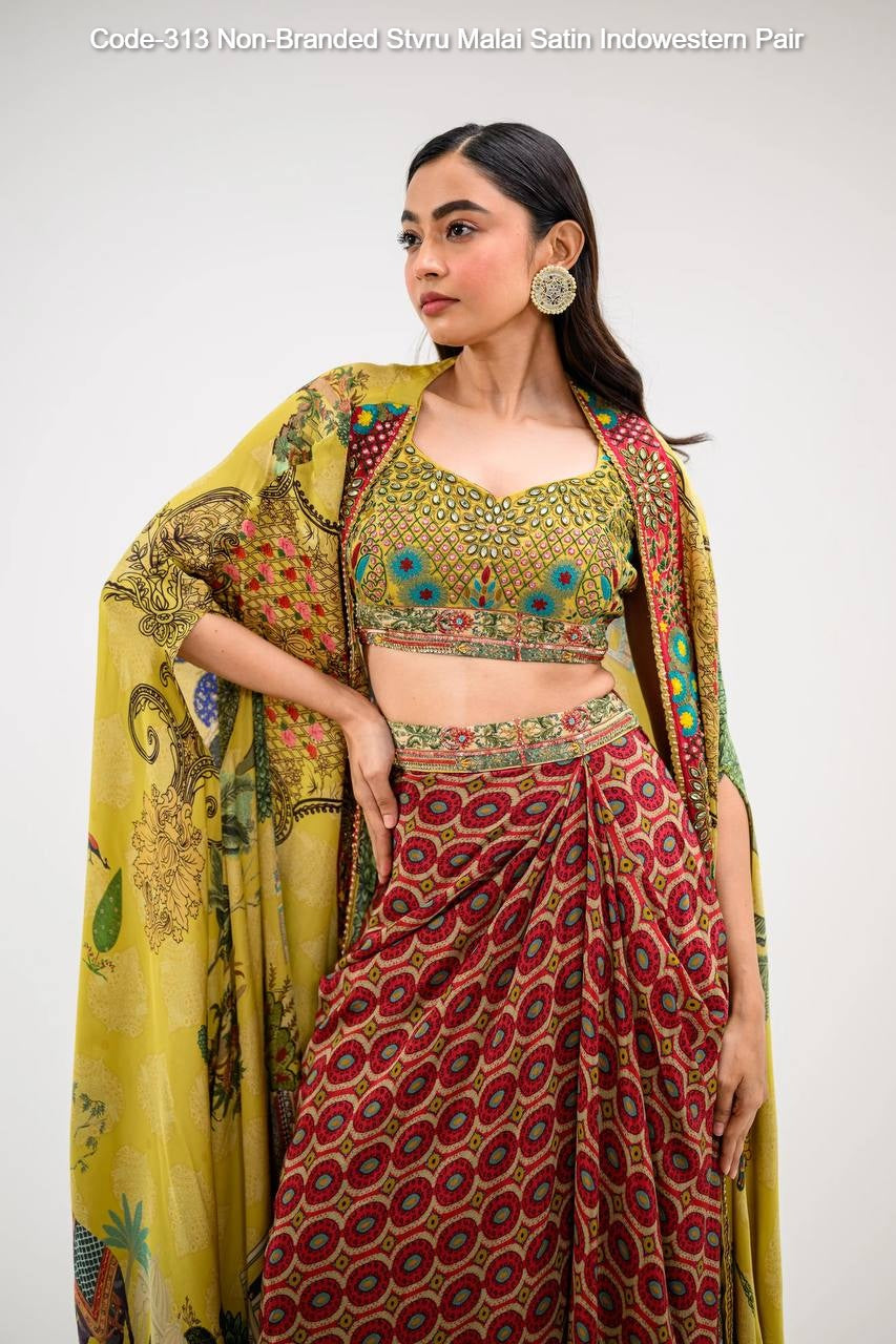 Code-313 Non-Branded Stvru Malai Satin Indowestern Pair