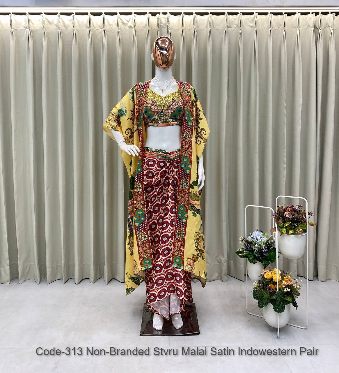Code-313 Non-Branded Stvru Malai Satin Indowestern Pair