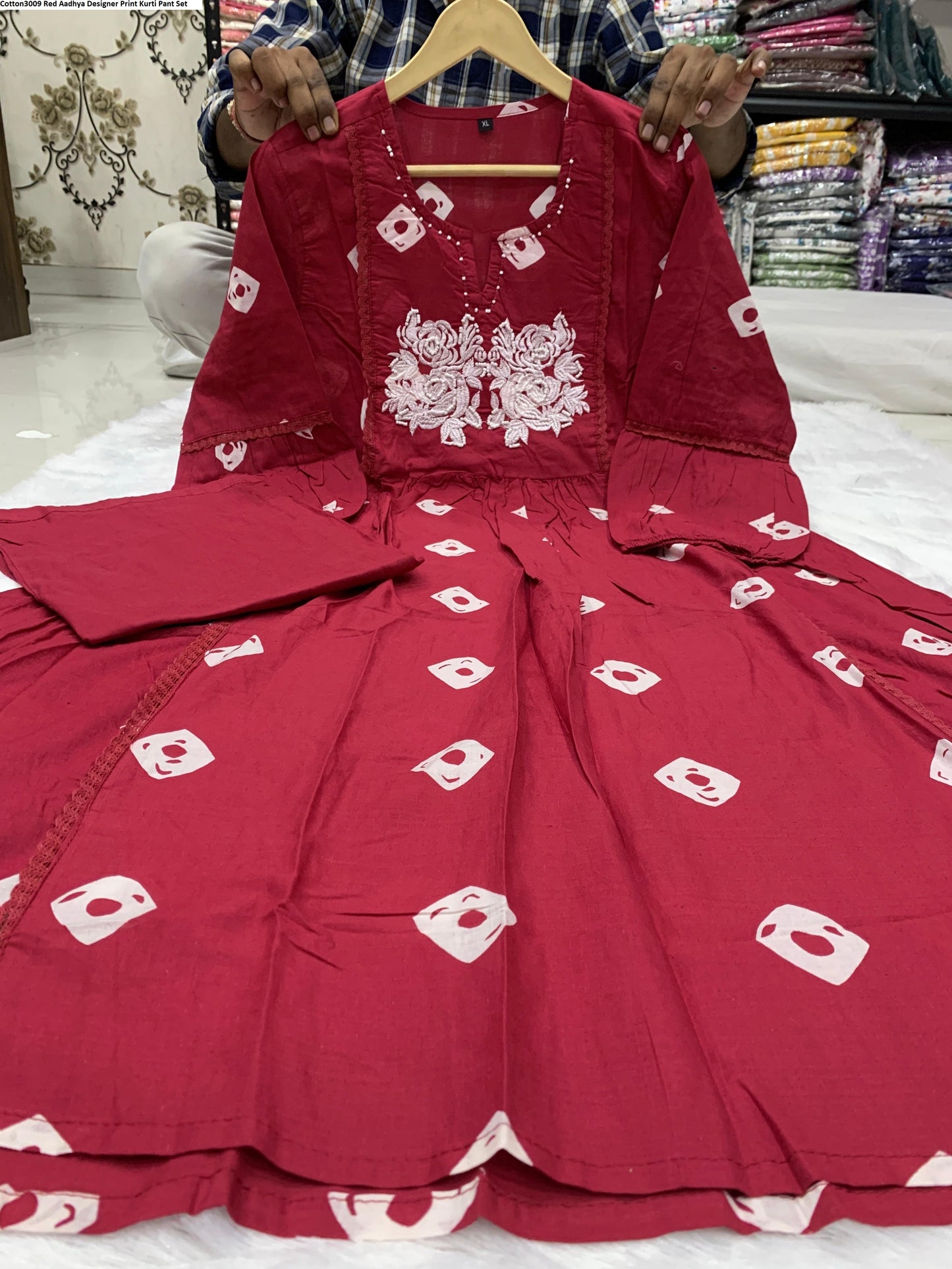 Cotton3009 Red Aadhya Designer Print Kurti Pant Set
