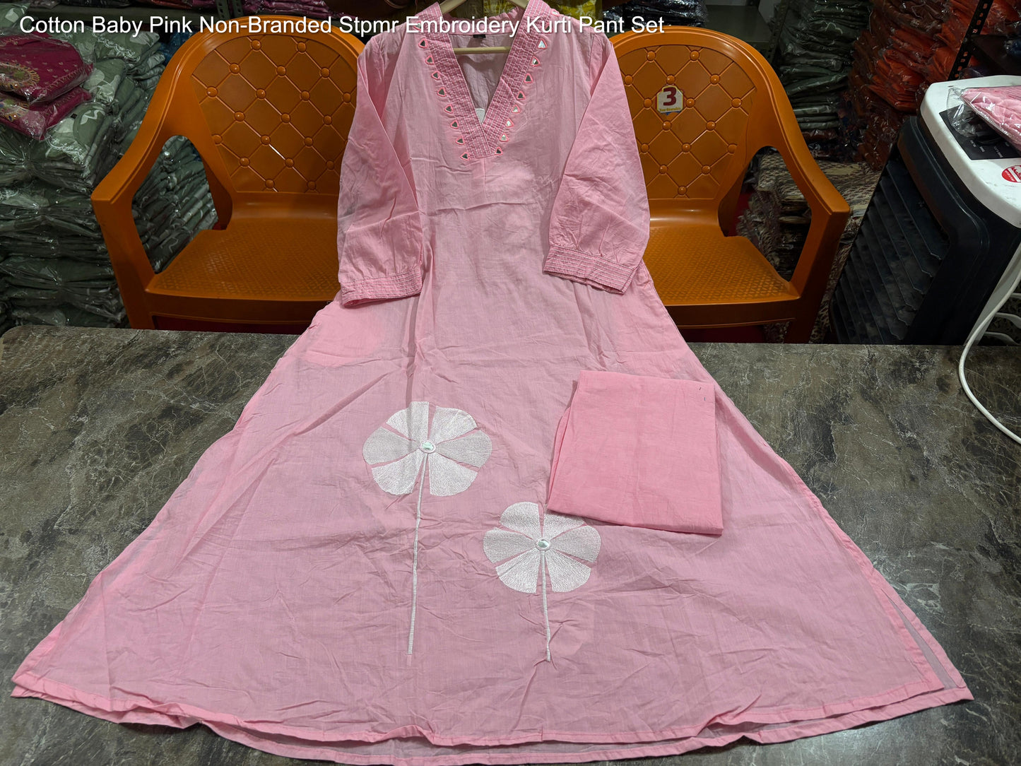 Cotton Baby Pink Non-Branded Stpmr Embroidery Kurti Pant Set