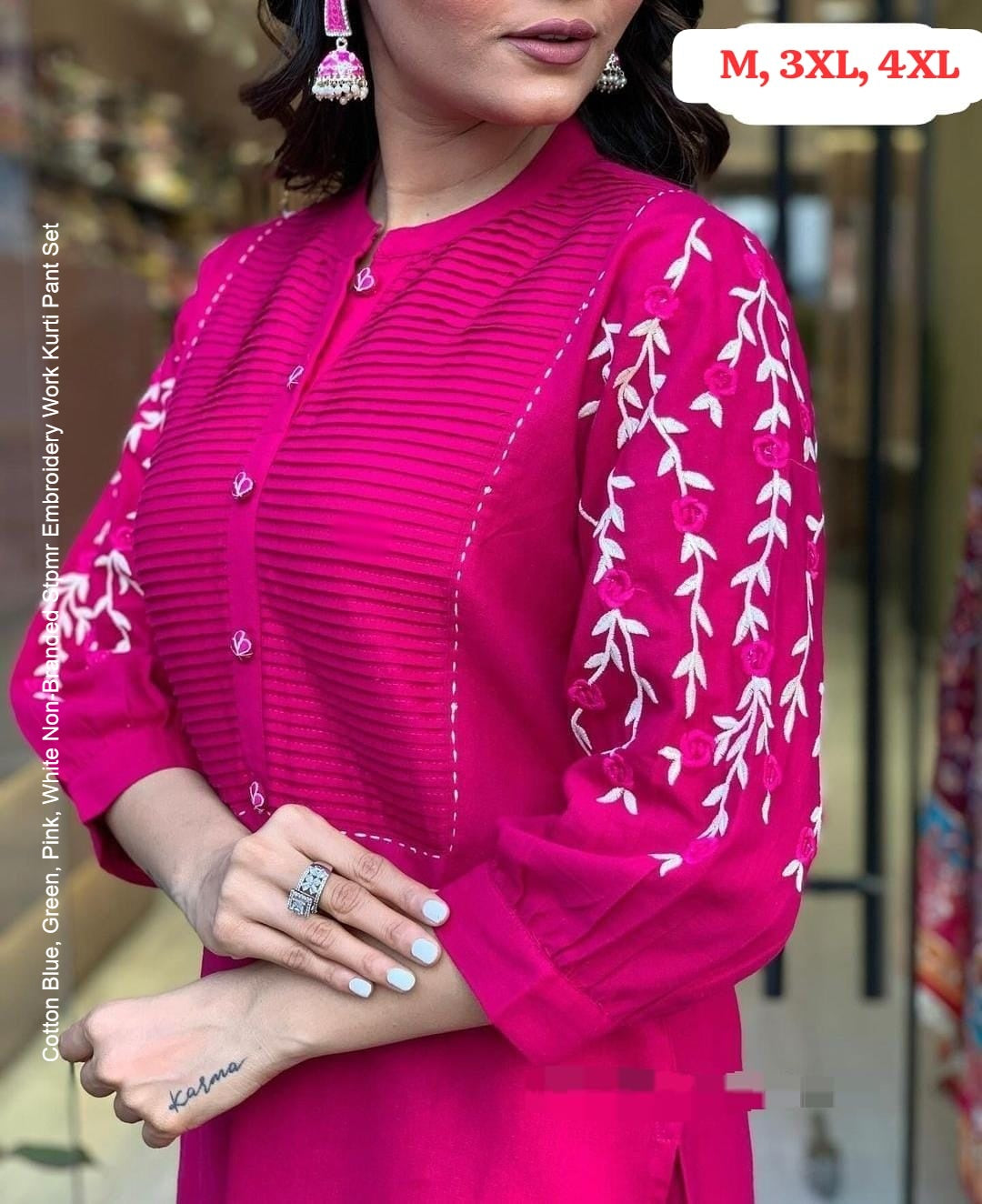 Cotton Blue, Green, Pink, White Non-Branded Stpmr Embroidery Work Kurti Pant Set