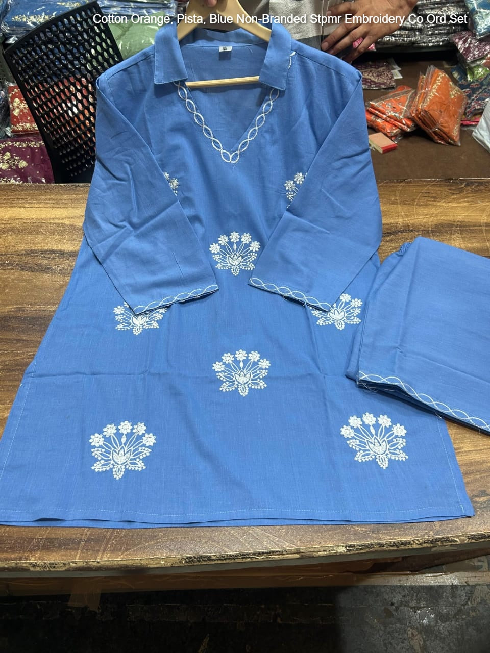 Cotton Orange, Pista, Blue Non-Branded Stpmr Embroidery Co Ord Set