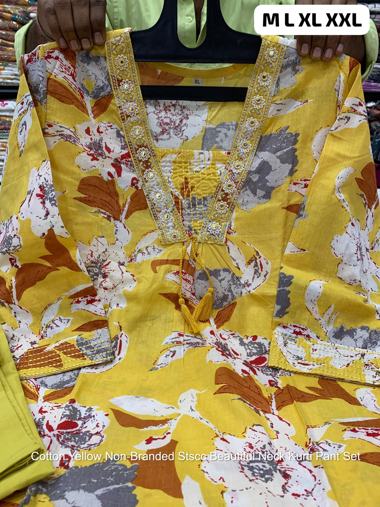 Cotton Yellow Non-Branded Stscc Beautiful Neck Kurti Pant Set