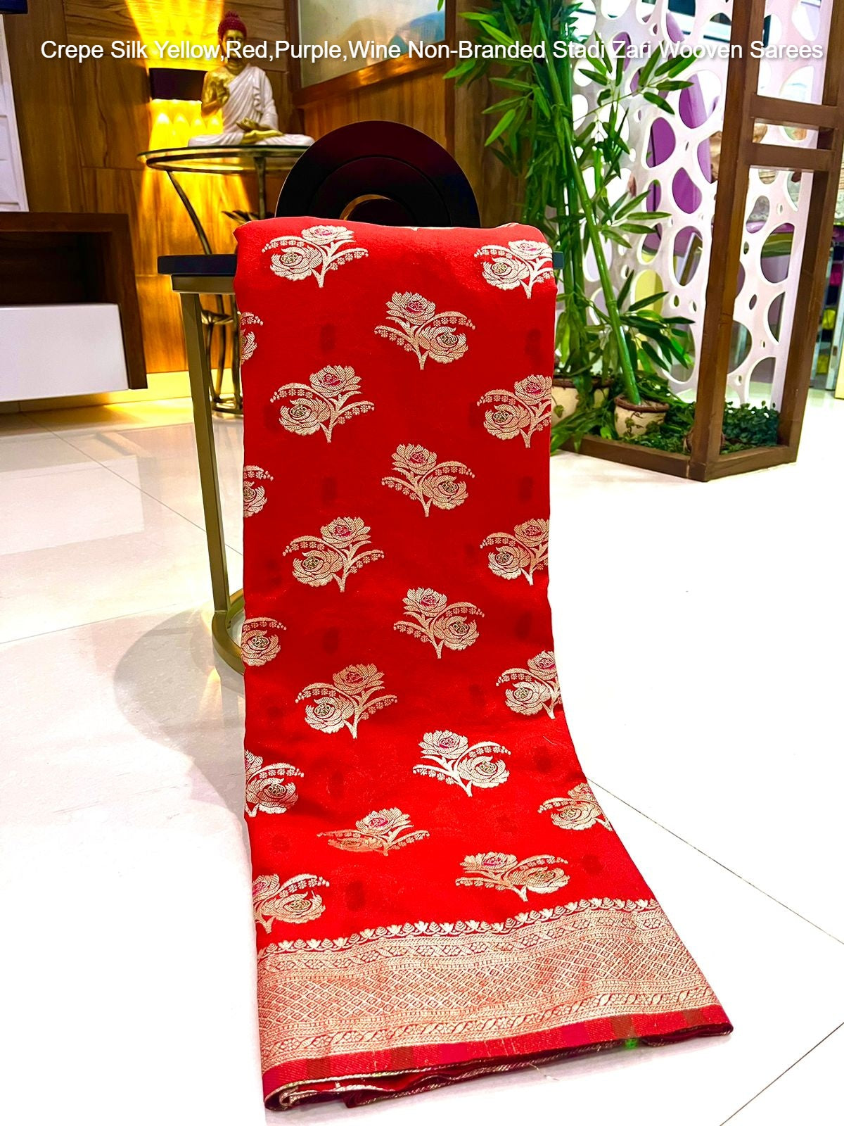 Crepe Silk Yellow,Red,Purple,Wine Non-Branded Stadi Zari Wooven Sarees