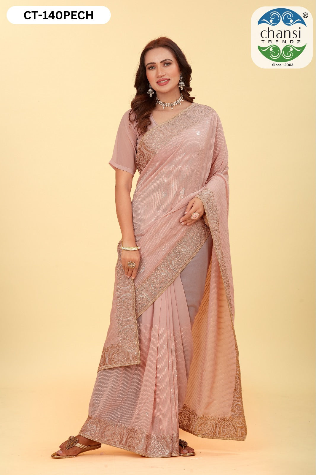 Ct-140 Peach Chansi Trendz Sequence Work Sarees