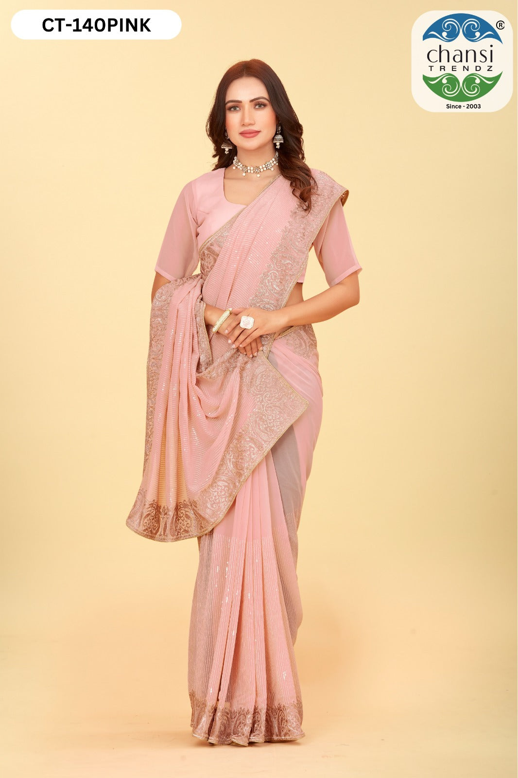 Ct-140 Pink Chansi Trendz Sequence Work Sarees