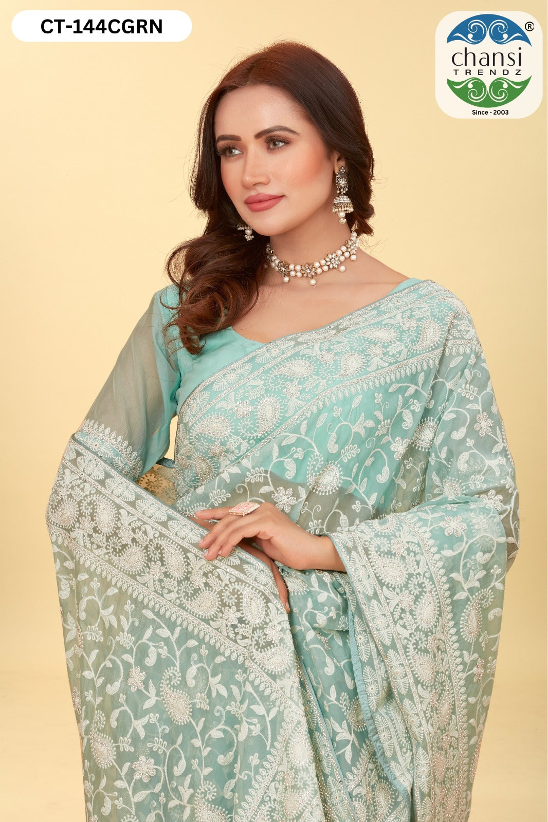 Ct-144 Cgreen Chansi Trendz Embroidery Work Sarees