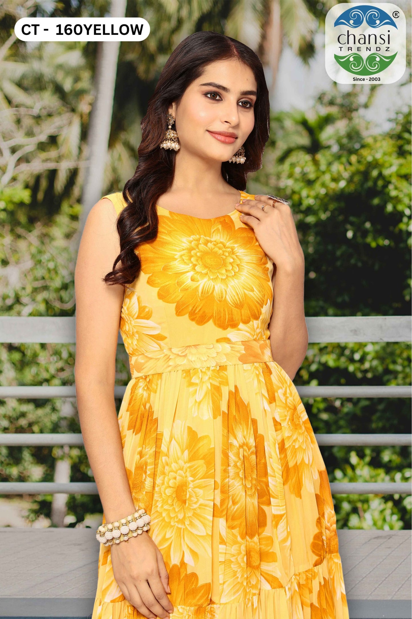 Ct-160Yellow Elegance Chansi Trendz Georgette One Piece Gown