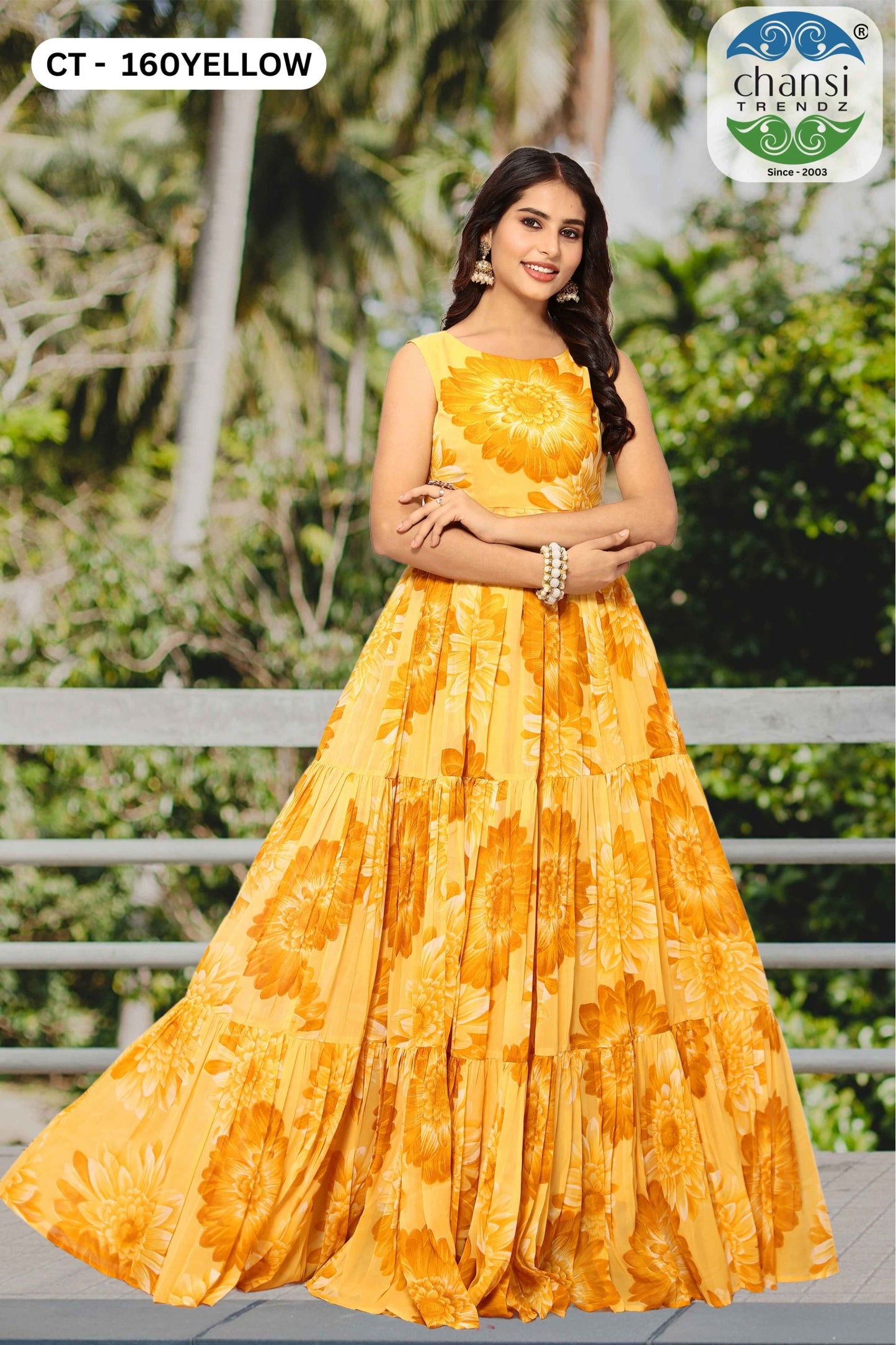 Ct-160Yellow Elegance Chansi Trendz Georgette One Piece Gown