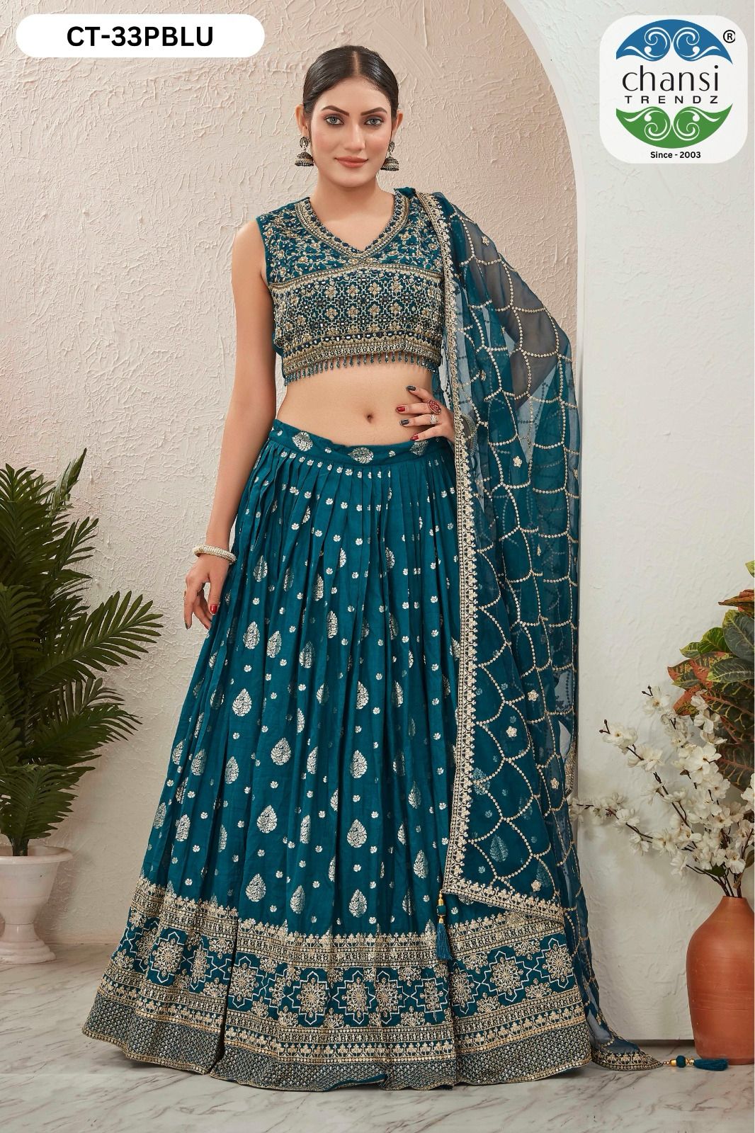 Ct-33 Teal Blue Chansi Trendz Jacquard Readymade Lehenga Choli